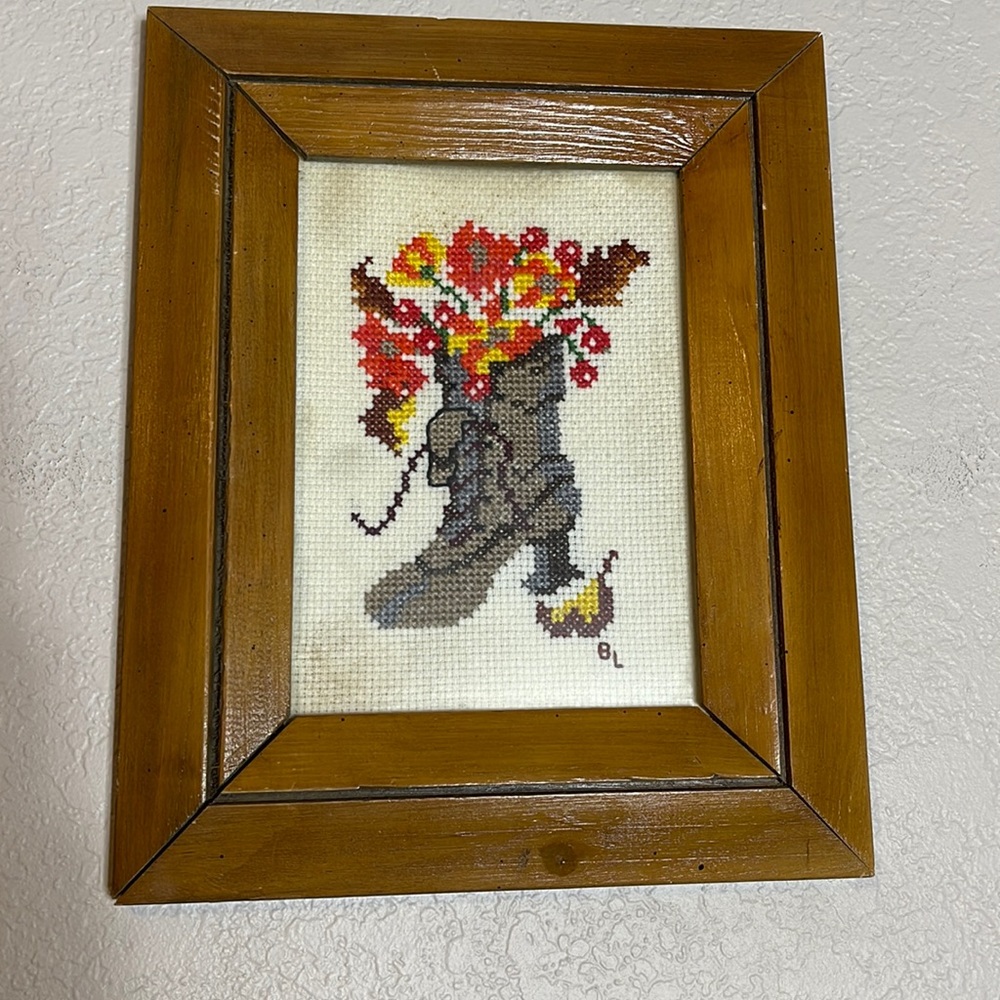 Vintage Old Boot With Flowers Needlepoint Framed Picture